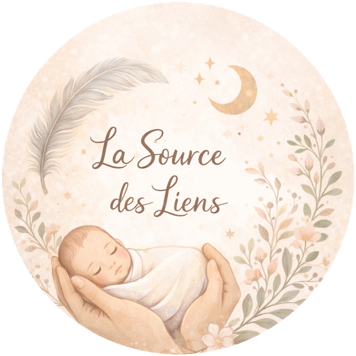 Logo La Source des Liens : un nouveau-né endormi au creux de deux mains, entouré d'une couronne de feuillage, d'une plume et d'un croissant de lune.